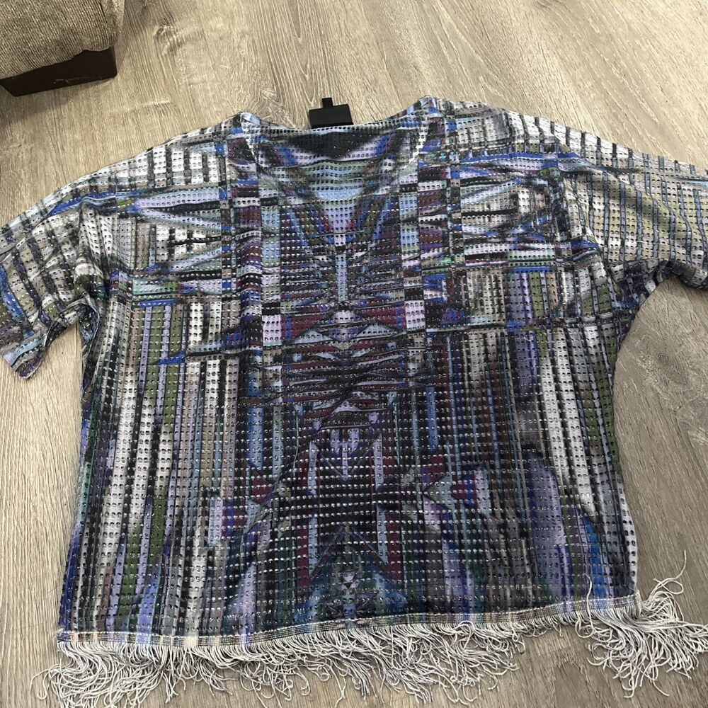 French Blue Watercolor, Print Mesh With Fringe Detail Women’s Size Large